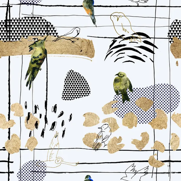 Sömlös Mönster Med Akvarell Handritade Fåglar Gyllene Element Linjära Fåglar — Stockfoto