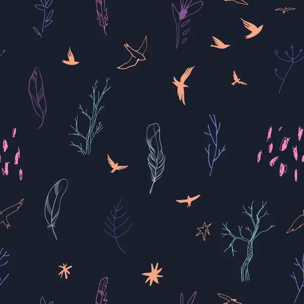 Farbvektor Nahtlose Muster Mit Vögeln Pflanzen Und Flecken Abstrakter Handgezeichneter — Stockvektor