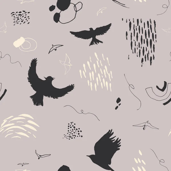Kuşlar Lekelerle Kusursuz Bir Desen Özet Elle Çizilmiş Arkaplan — Stok Vektör