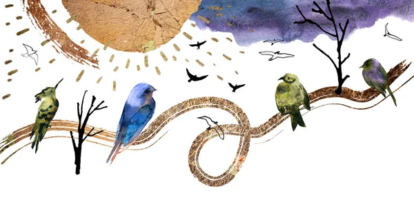 Banner illustration with birds, sky and sun. Gold and watercolor elements in the composition. Hand-drawn art.