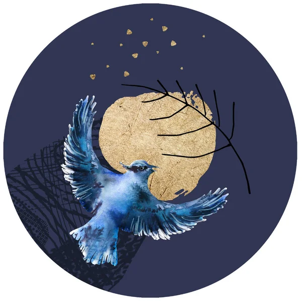 Okrągła Kompozycja Akwarelowym Ptakiem Elementami Graficznymi Gałęziami Złotymi Gwiazdami Księżycem — Zdjęcie stockowe