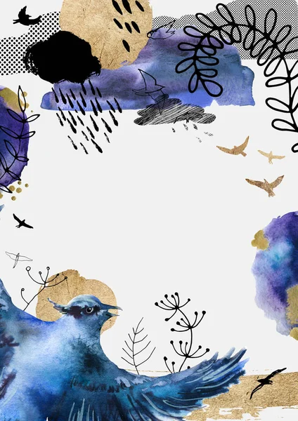 Watercolor Template Text Frame Painted Elements Blue Jay Birds Clouds — Stock Photo, Image