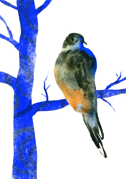 Aquarellvogel Sitzt Auf Einem Baum Künstlerisches Handgezeichnetes Plakat Grafische Vorlage — Stockfoto
