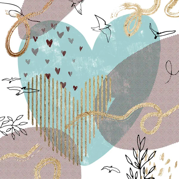 Pre-made composition for design, for text with hand-drawn watercolor elements, graphic and gold elements: birds, golden ribbons, hearts and plants. Square template