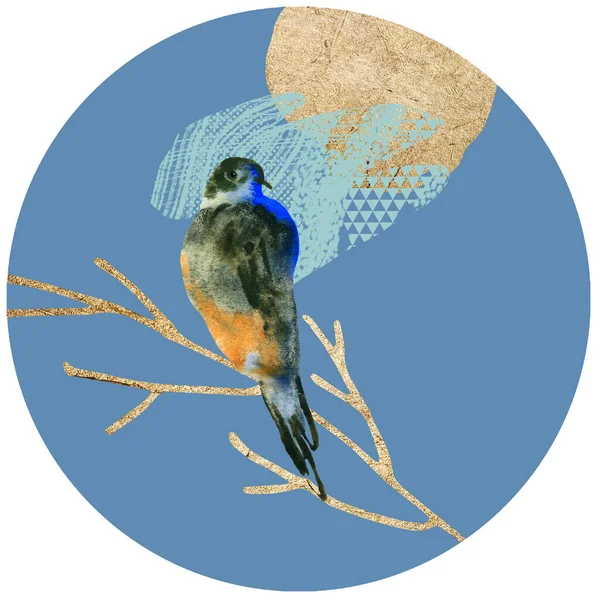水彩鳥とグラフィック要素とのラウンド組成 黄金の枝 スポット — ストック写真