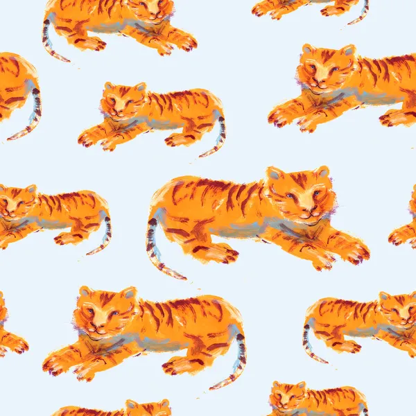 Patrón Sin Costuras Moda Con Tigres Pintados Gouache Sobre Fondo —  Fotos de Stock