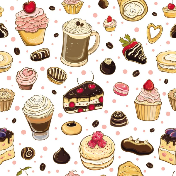 Seamless Pattern Time Sweet Vector Colorful Delicious Background Cakes Pastries — Stock Vector