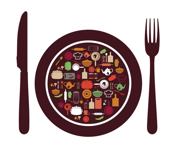 Signo del restaurante - cuchillo, cuchara, tenedor y plato — Vector de stock