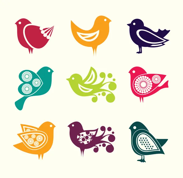 Conjunto de dibujos animados garabatos pájaros iconos — Vector de stock