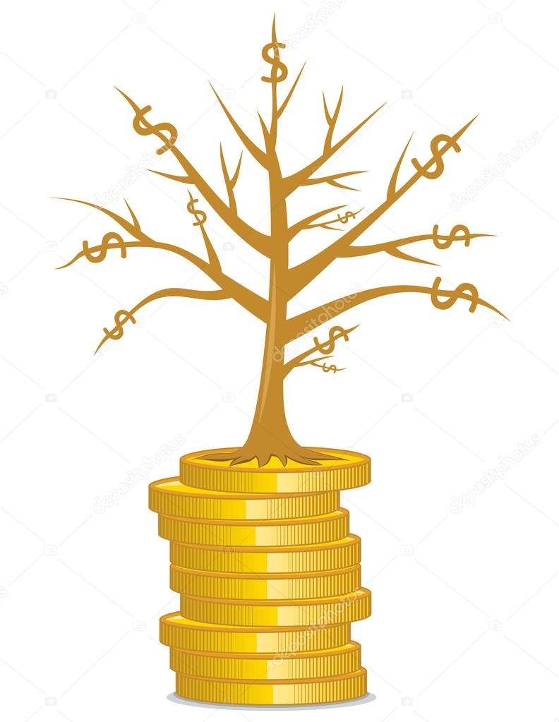 Golden money tree growing out from a coins