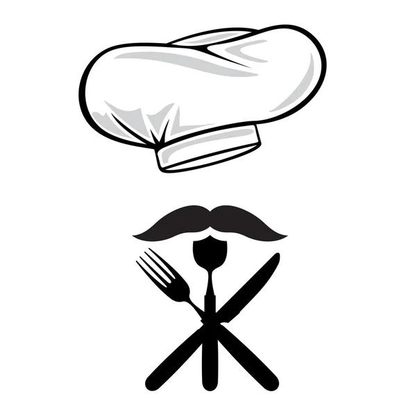 Дизайн меню шапка шеф-кухаря з виделкою, ложкою, ножем і вусами — стоковий вектор