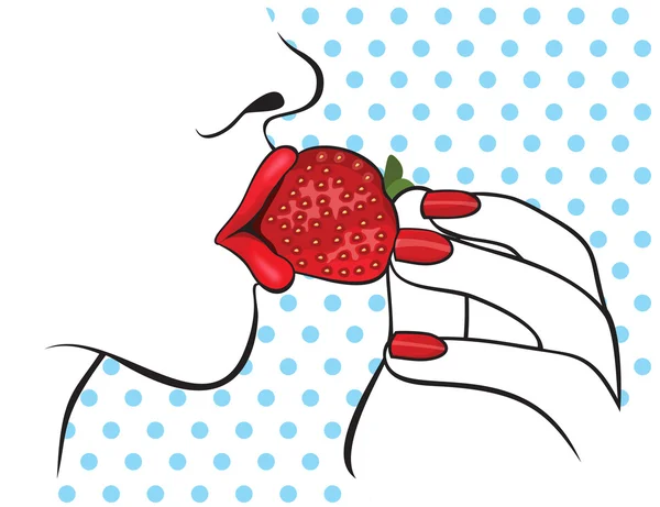 Beautiful woman with red lips eating strawberry — Stock Vector