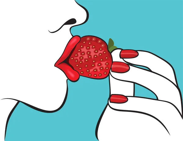 Beautiful woman with red lips eating strawberry — Stock Vector