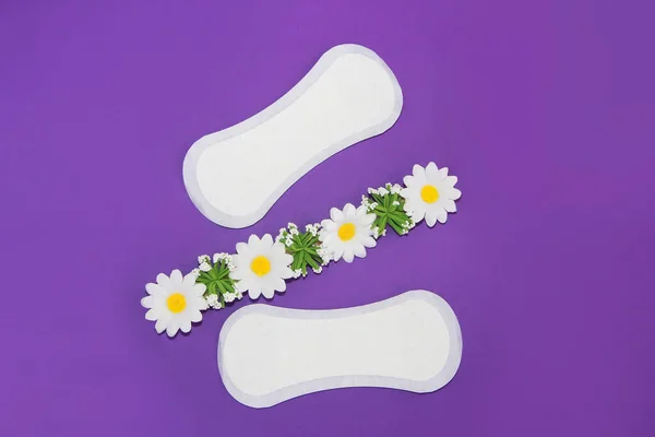 White Women Daily Sanitary Pads Flowers Purple Background — Foto de Stock