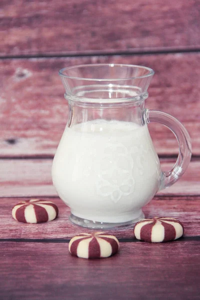 Fermented Milk Drink Ayran Transparent Glass Mug Sweet Cookies Wooden — Zdjęcie stockowe