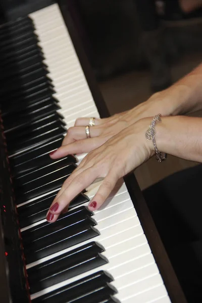 Female Hands Play Music White Black Piano Keys — Stock Fotó