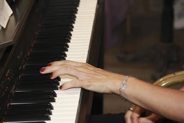 Female Hands Play Music White Black Piano Keys — Stock Fotó