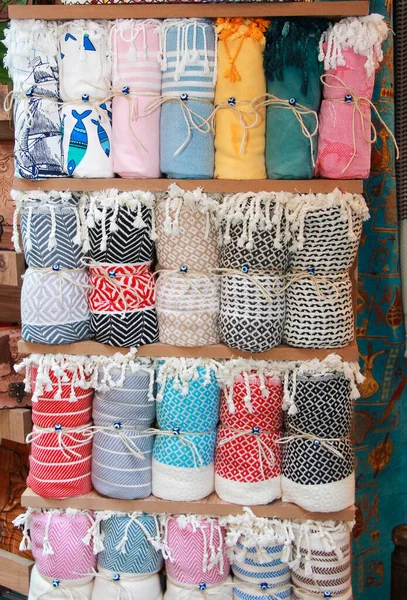 Multicolored Cotton Towels Graphic Ornament Hamam Counter Oriental Bazaar — Zdjęcie stockowe