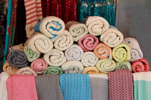 Multicolored Cotton Towels Graphic Ornament Hamam Counter Oriental Bazaar — Zdjęcie stockowe