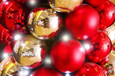 shiny round red and yellow Christmas balls for the new year holiday