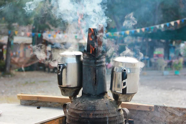 Traditional Oriental Metal Stove Wood Open Fire Making Tea — Stockfoto