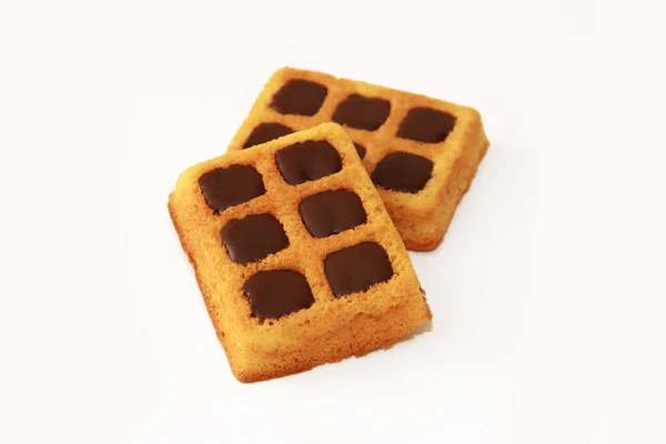 Sweet Baked Belgian Waffles Chocolate Filling White Background Isolate Close — Stock Photo, Image