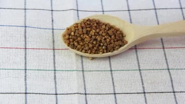Biji Bijian Kecil Dari Buckwheat Alami Ditumpuk Dengan Sendok Kayu — Stok Video