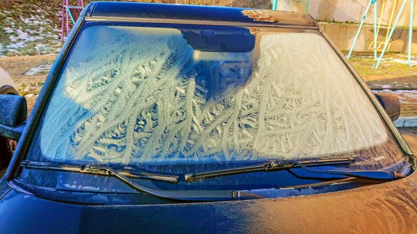 Frost Ritar Konstiga Teckningar Bilfönstret Vintern — Stockfoto