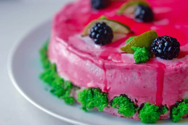 블랙베리를 곁들인 맛있는 라즈베리 케이크 — 스톡 사진