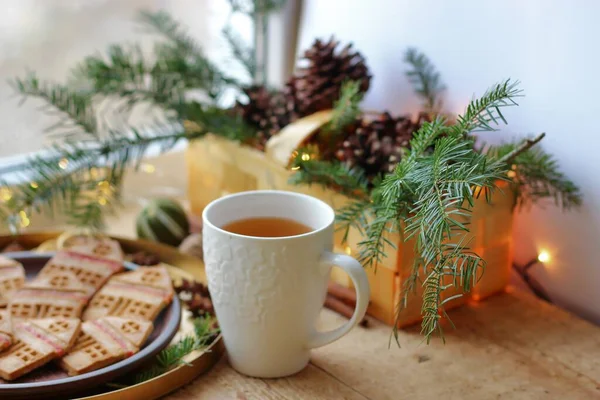 Christmas Eve Cookies Shape Houses White Cup Tea — Stock Photo, Image