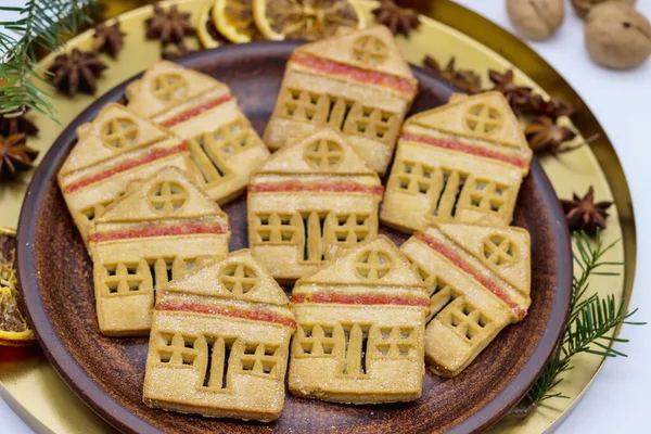 Biscoitos Natal Forma Casas Fica Placa Barro — Fotografia de Stock