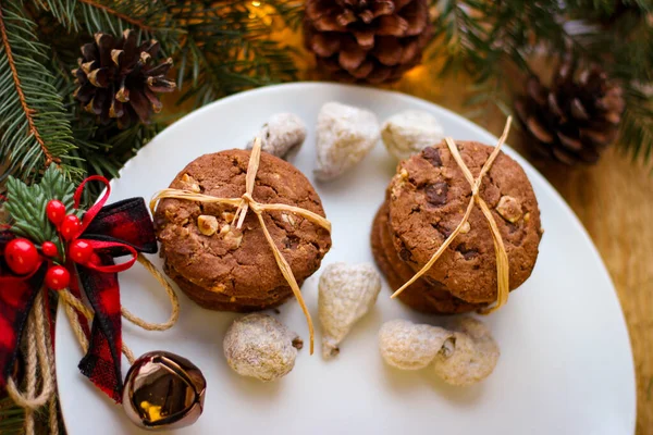 Motivos Natal Biscoitos Deliciosos Para Papai Noel Fica Placa Branca — Fotografia de Stock