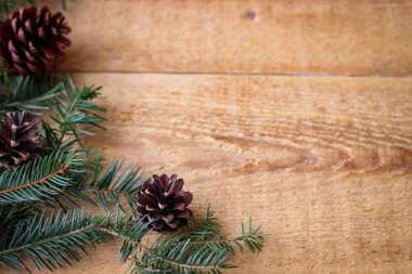 Spruce dalları ve kopyalama alanı olan koniler ile Noel arkaplanı