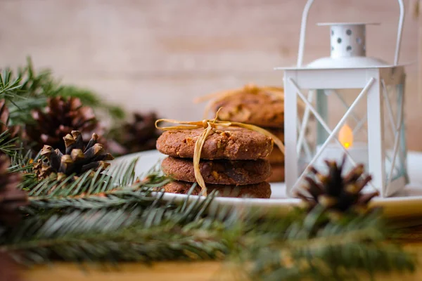 Motivos Navideños Deliciosas Galletas Para Santa Encuentra Plato Blanco Fondo —  Fotos de Stock