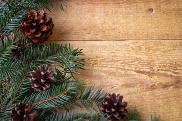 Vánoční Pozadí Smrkovými Větvemi Kužely Kopírovacím Prostorem — Stock fotografie