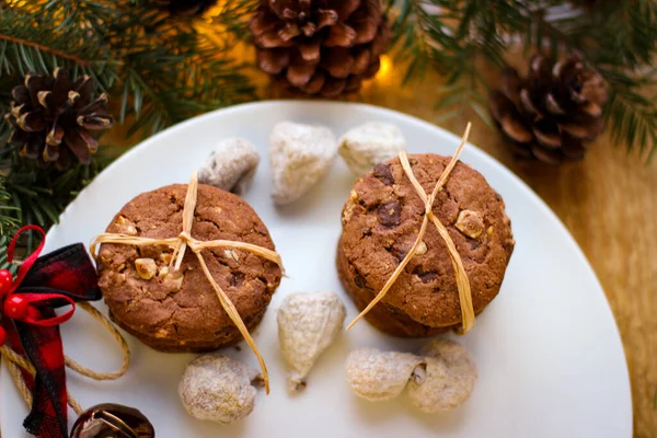 Motivos Natal Biscoitos Deliciosos Para Papai Noel Fica Placa Branca — Fotografia de Stock