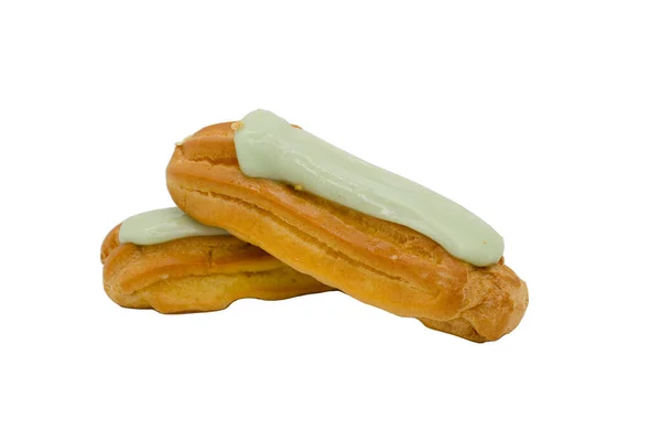 Encantadoras Deliciosas Eclairs Con Relleno Pistacho Sobre Fondo Blanco — Foto de Stock