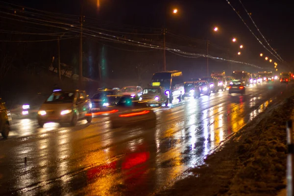 Evening Photo Cars Drive Road Evening City Headlights — Stock Photo, Image