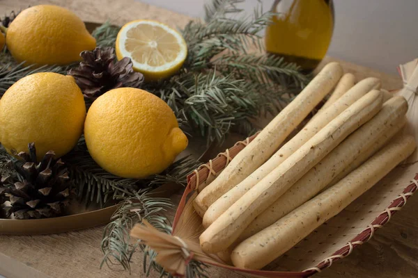 Traditional Italian Food Bread Sticks Grissinni Lemons Olive Oil Spruce — Stock Photo, Image