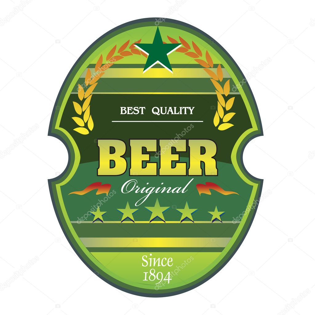 Oval green beer sticker with various elements. Beer label design
