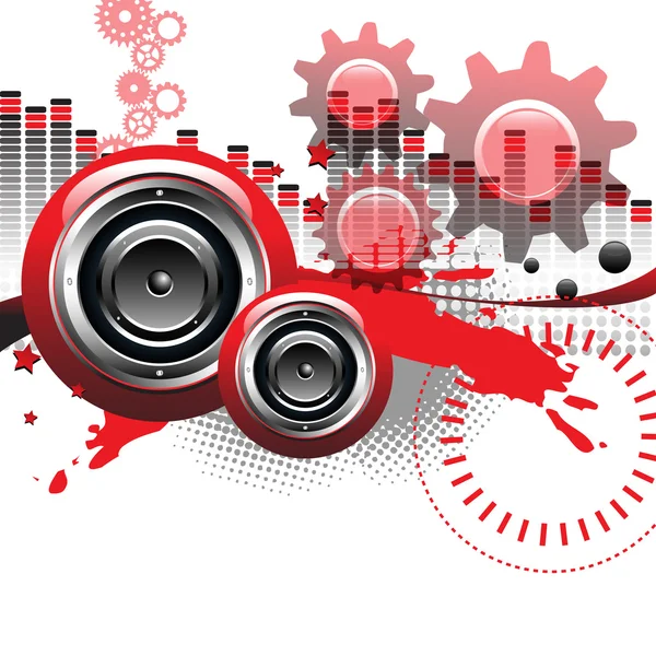 Fond high tech avec engrenages rouges et haut-parleurs — Image vectorielle