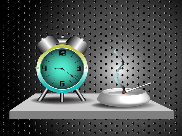 Alarm clock and ashtray on a shelf