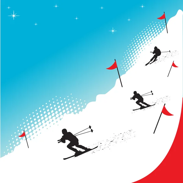 Menschen auf Skiern zwischen roten Fahnen — Stockvektor