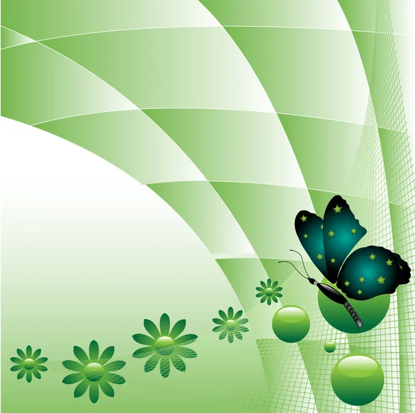 Flores verdes y mariposa — Vector de stock