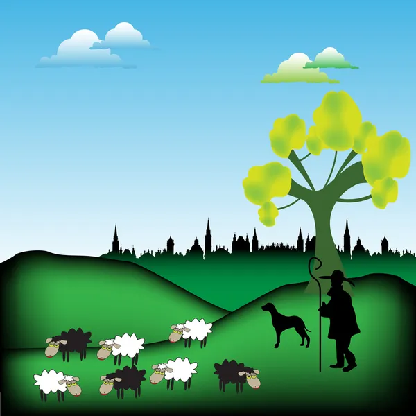 羊飼いと羊の群れを守る犬 — ストックベクタ