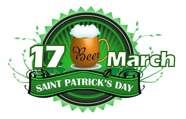 Saint patrick groene badge met bier — Stockvector