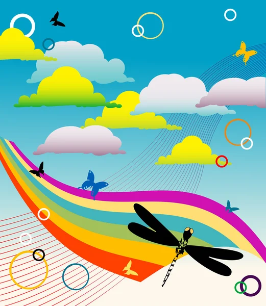 Dragonfly and butterflies flying among clouds — Stock Vector