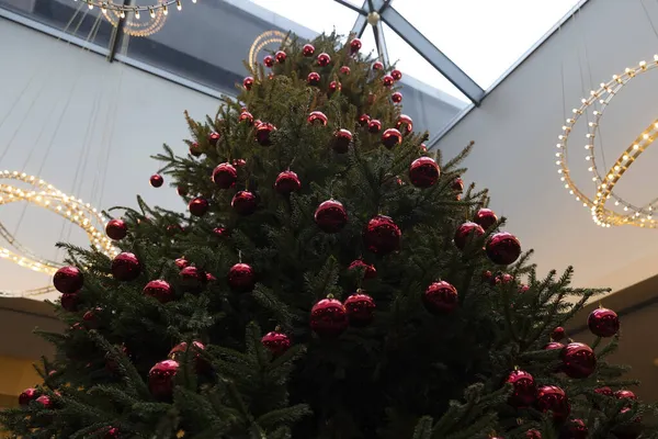 Yakın plan, kırmızı topları olan yeşil Noel ağacı
