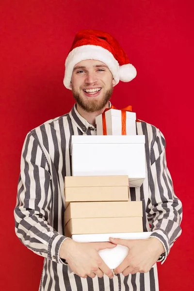 Portrait Homme Joyeux Dans Chapeau Noël Qui Acheté Des Cadeaux — Photo