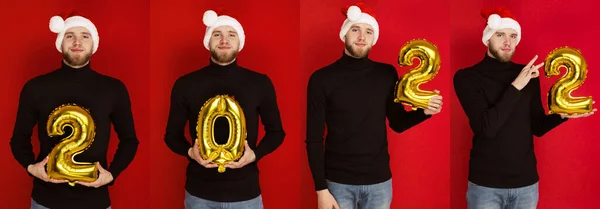 Man Santa Claus Hat Holds Numbers 2022 Collage — Stock Photo, Image
